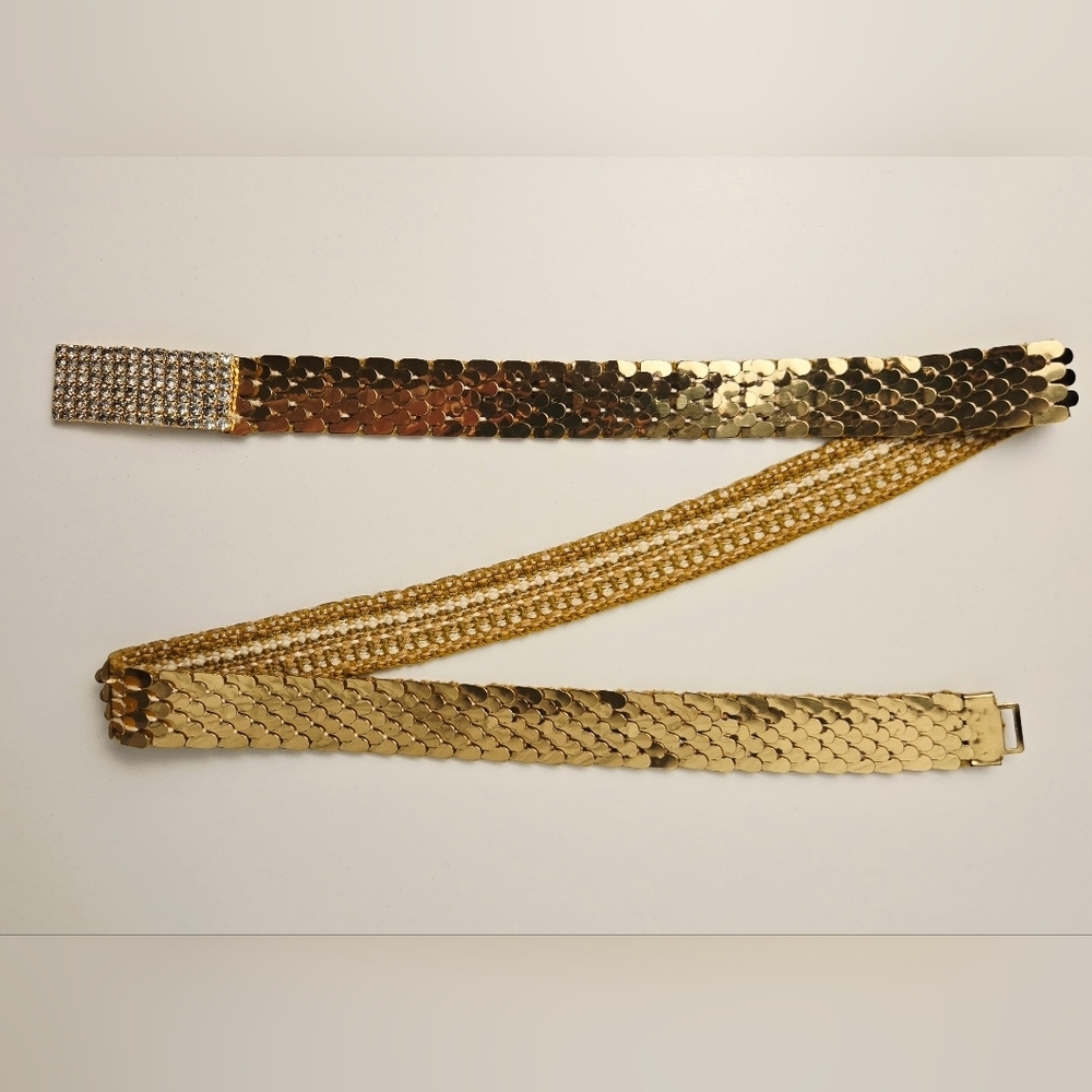 80s Vintage Gold Metal Mesh Belt w/ Rhinestone Buckle Disco Glam - Picture 2 of 12